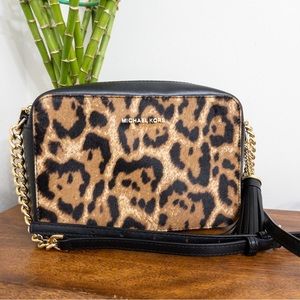 Michael Kors Ginny Calf Hair Animal Leopard Print Crossbody Chain Link Purse